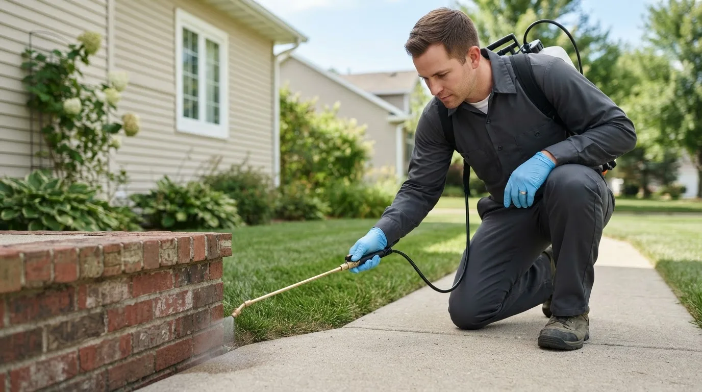 Pest control technician treating a home near Maxbass, ND