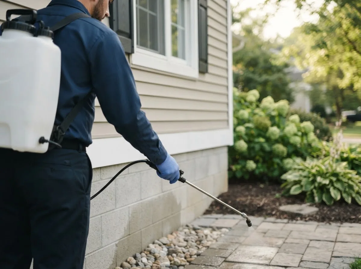 Pest control technician inspecting a home in Maxbass, ND